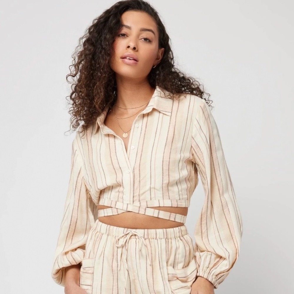 L*Space Play It Cool Striped Wrap Tie Crop Top XL Cream Peach PICTP22 NEW